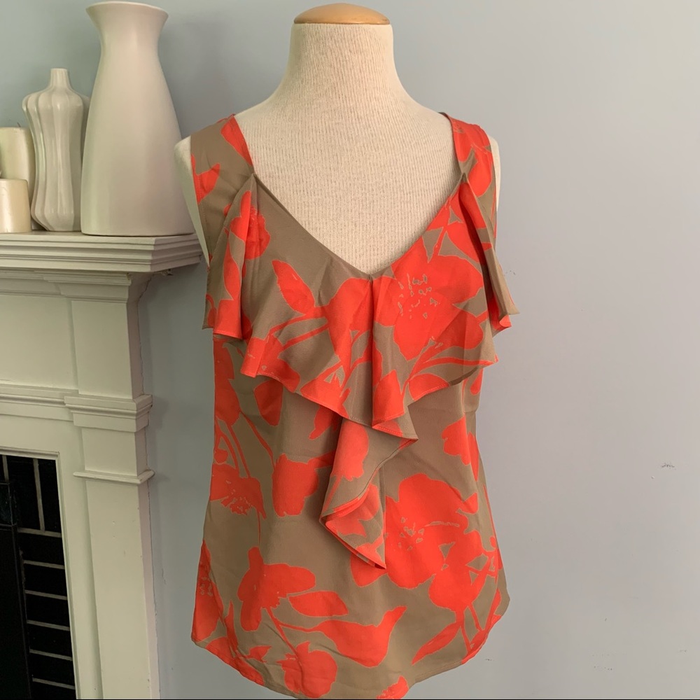 LOFT coral & tan ruffle front top / camisole, v-neck front and ribbon tie back